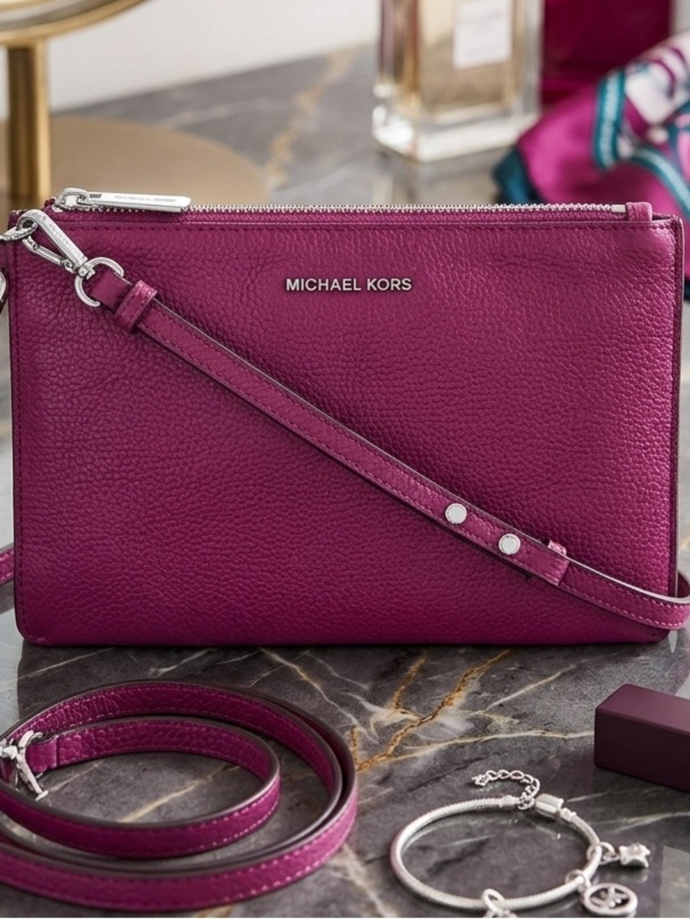 Michael Kors Double Pouch Purse NWOT Pebbled Leather Crossbody Bag cranberry